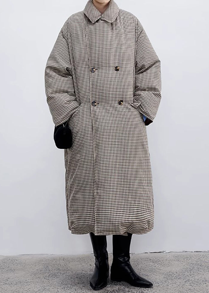 Loose Plaid Notched Double Breast Duck Down Long Coats Winter Yw033
