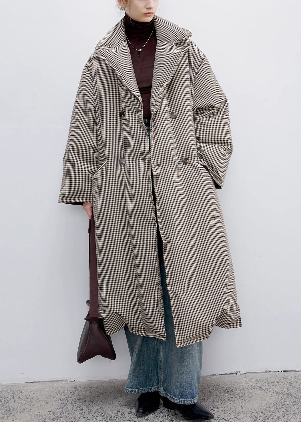 Loose Plaid Notched Double Breast Duck Down Long Coats Winter Yw033