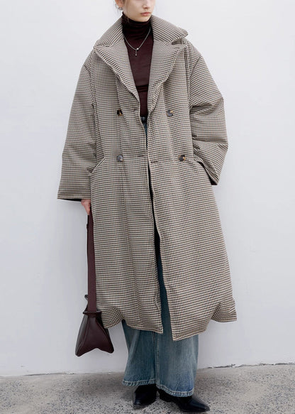 Loose Plaid Notched Double Breast Duck Down Long Coats Winter Yw033
