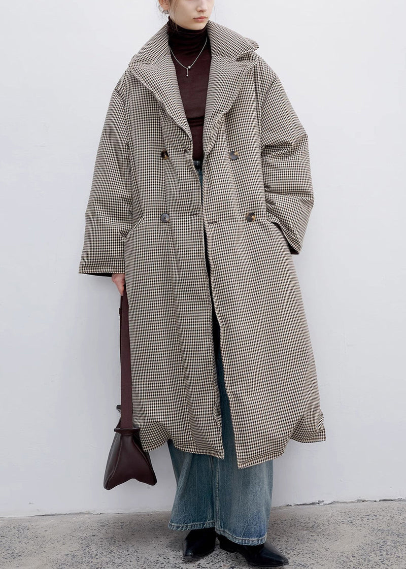 Loose Plaid Notched Double Breast Duck Down Long Coats Winter Yw033
