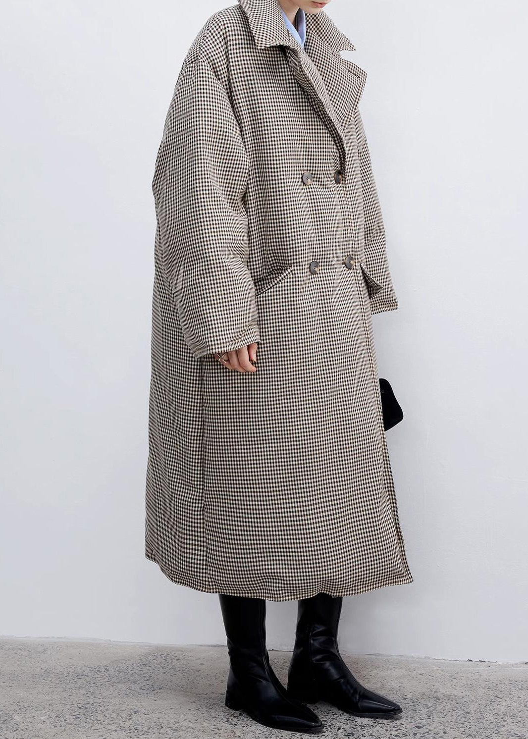 Loose Plaid Notched Double Breast Duck Down Long Coats Winter Yw033