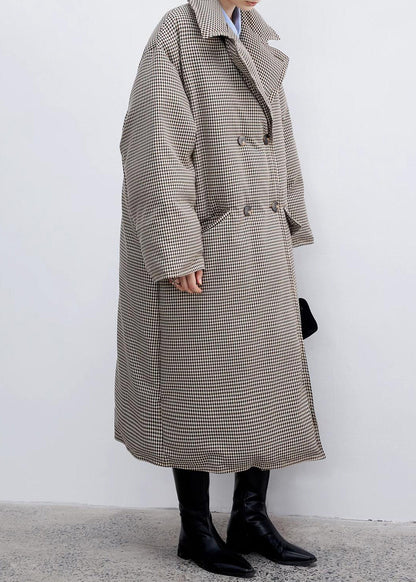 Loose Plaid Notched Double Breast Duck Down Long Coats Winter Yw033