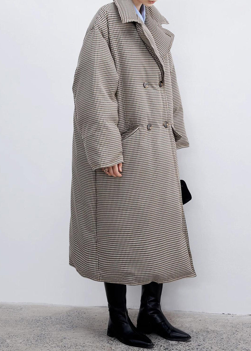Loose Plaid Notched Double Breast Duck Down Long Coats Winter Yw033