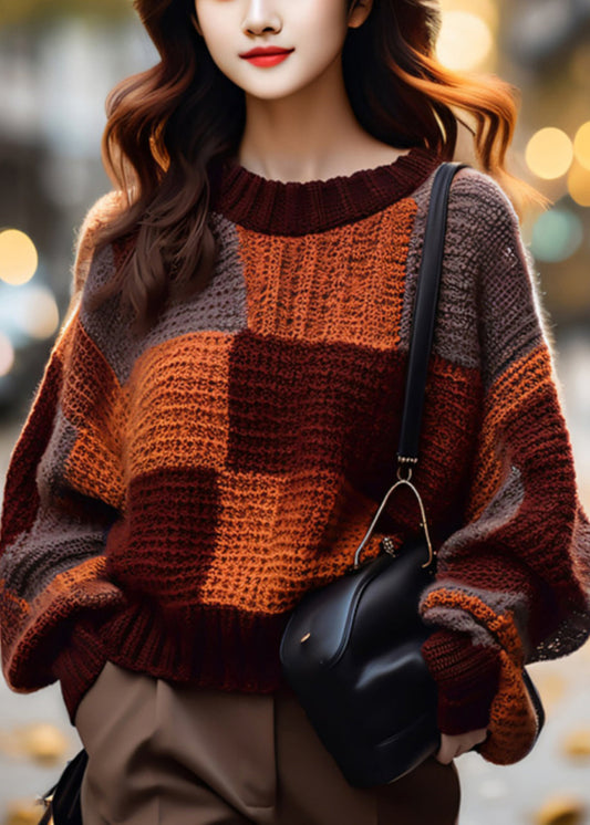 Loose Plaid O Neck Cozy Patchwork Knit Sweater Winter Wx022