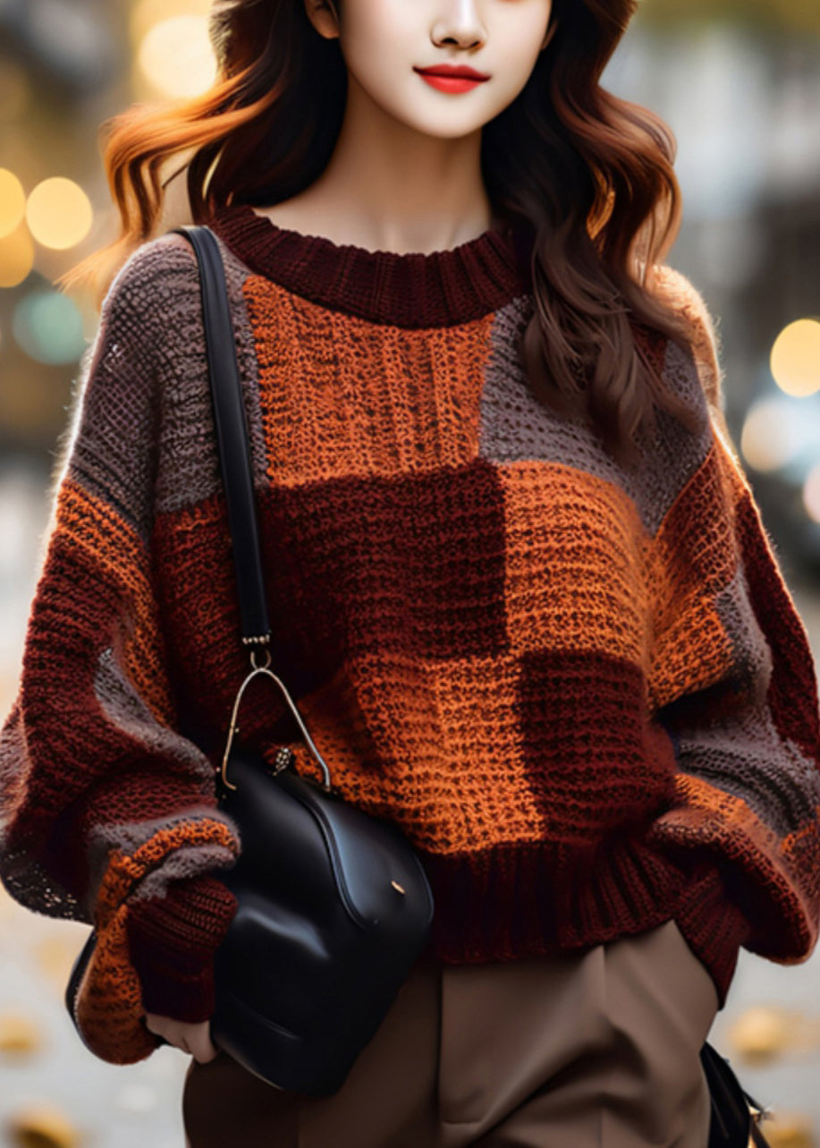 Loose Plaid O Neck Cozy Patchwork Knit Sweater Winter Wx022