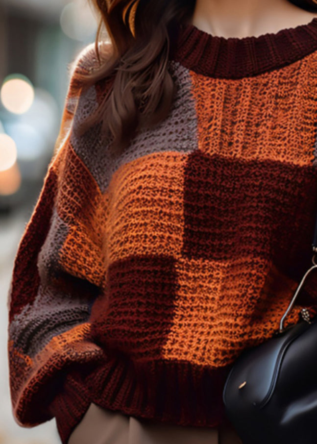 Loose Plaid O Neck Cozy Patchwork Knit Sweater Winter Wx022