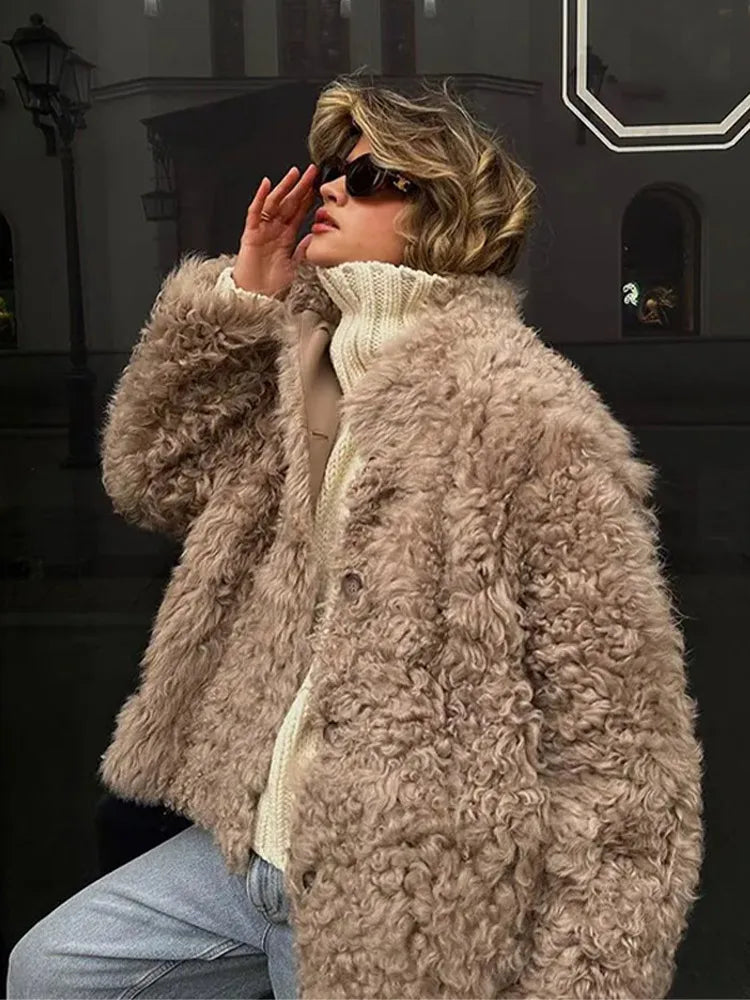 Loose Plush Autumn Winter Stand Single-breasted Long Hairy Soft Coat