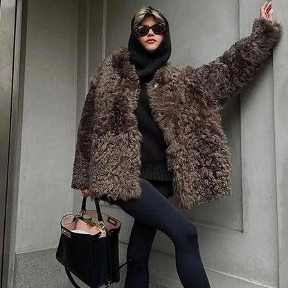 Loose Plush Autumn Winter Stand Single-breasted Long Hairy Soft Coat