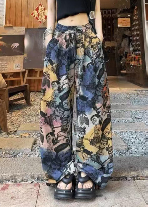 Loose Print Pants Summer Drawstring Cotton Pockets