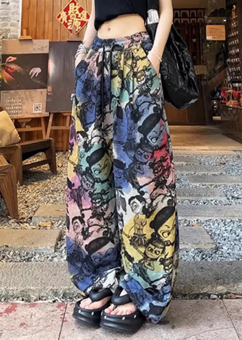 Loose Print Pants Summer Drawstring Cotton Pockets