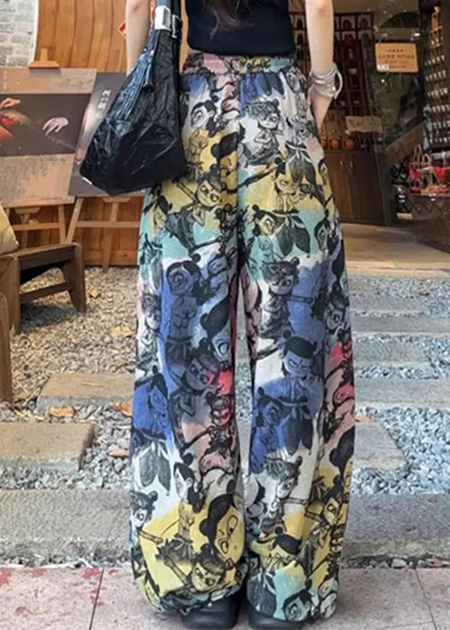 Cotton Summer Loose Pockets Drawstring Print Pants