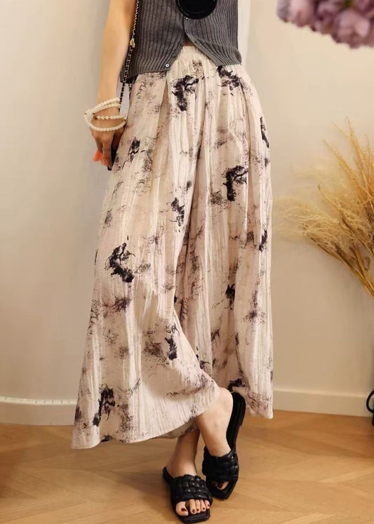 Loose Waist Cotton Leg Pockets Elastic Print Pants Summer Wide