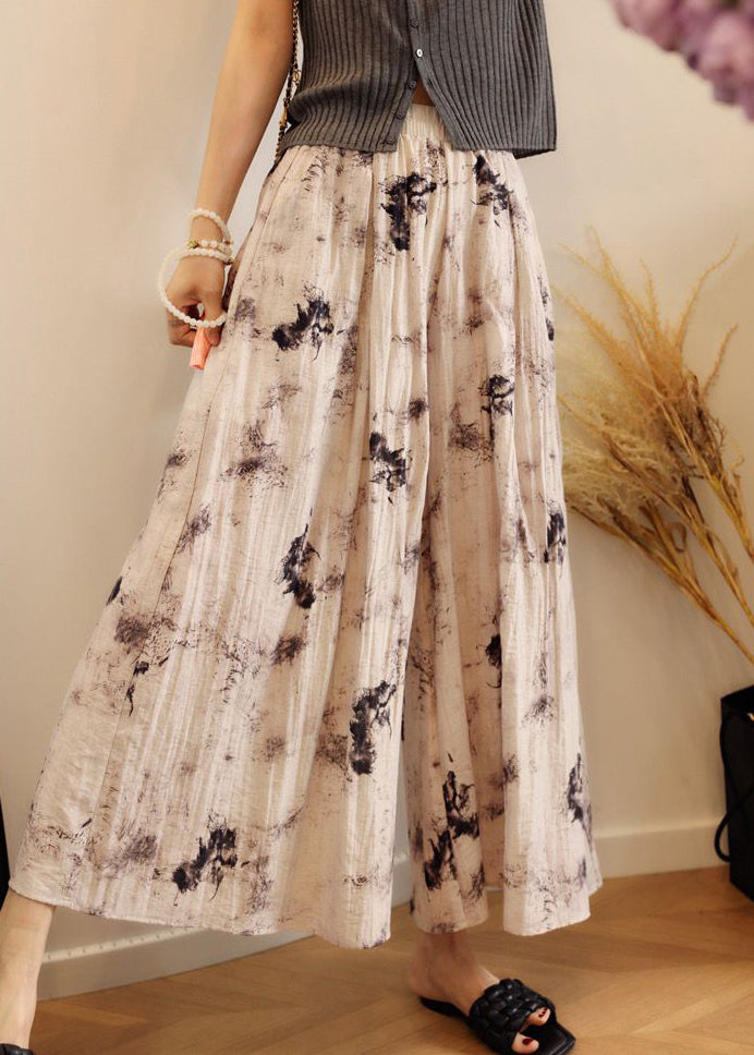 Loose Waist Cotton Leg Pockets Elastic Print Pants Summer Wide