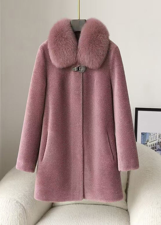 Loose Purple Fur Collar Button Woolen Coats Winter Rc013