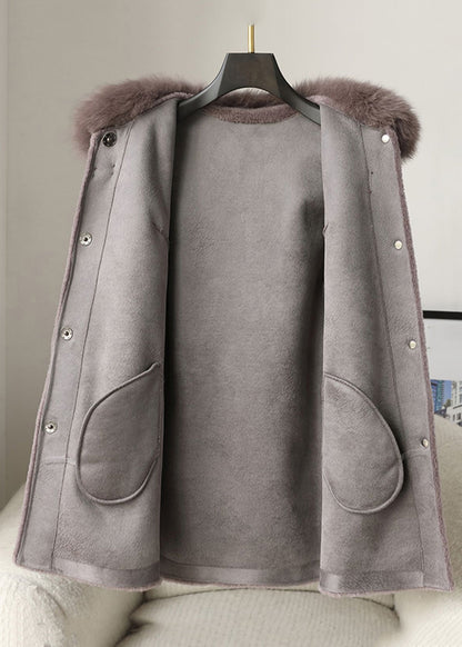 Loose Purple Fur Collar Button Woolen Coats Winter Rc013