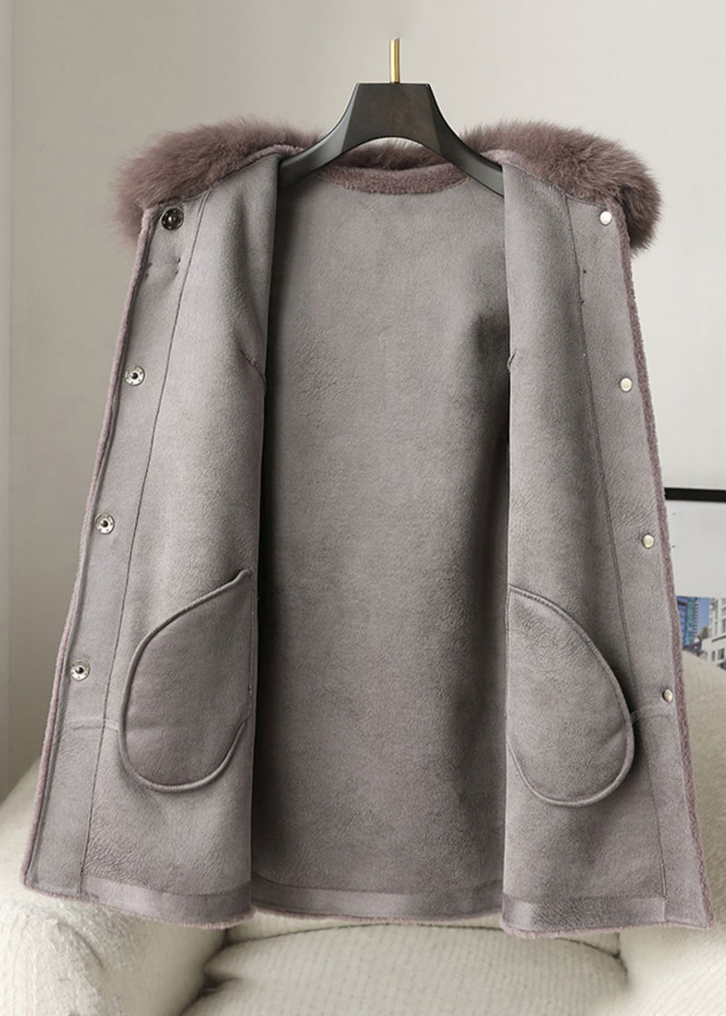 Loose Purple Fur Collar Button Woolen Coats Winter Rc013