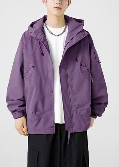 Hooded Loose Cotton Drawstring Pockets Purple Spring Coat
