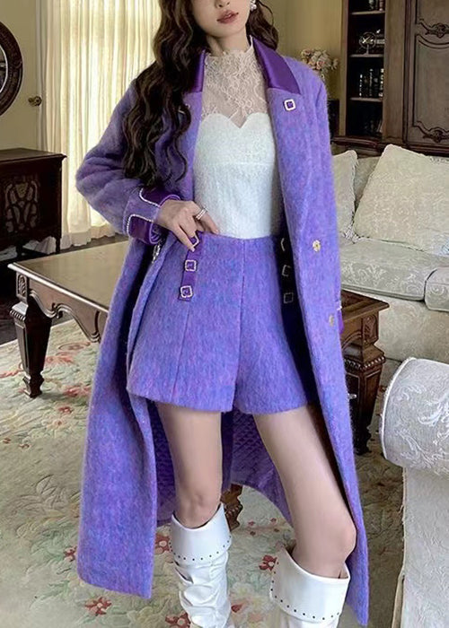 Loose Purple Notched Tie Waist Woolen Coats Winter Wm004