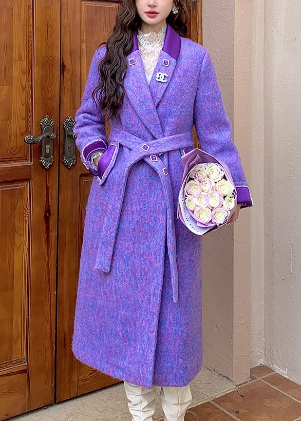 Loose Purple Notched Tie Waist Woolen Coats Winter Wm004