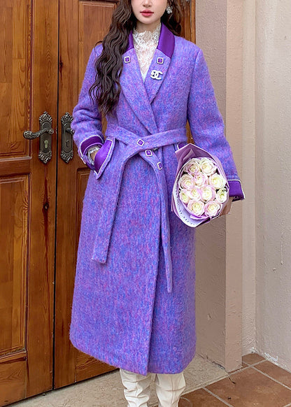 Loose Purple Notched Tie Waist Woolen Coats Winter Wm004