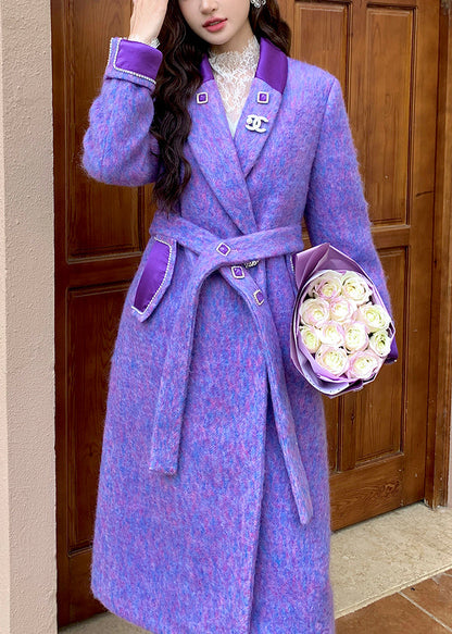 Loose Purple Notched Tie Waist Woolen Coats Winter Wm004