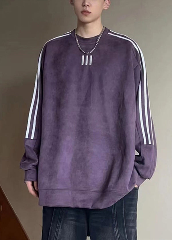 Loose Purple O Neck Patchwork Cotton Pullover Sweatshirt Fall Eq041