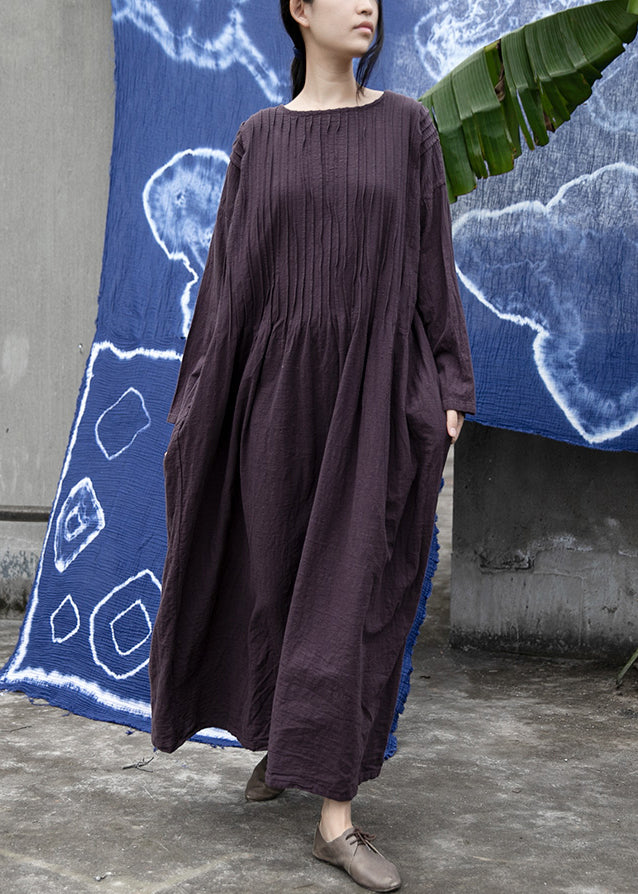 Loose Purple O Neck Wrinkled Linen Long Dress Long Sleeve Mn083