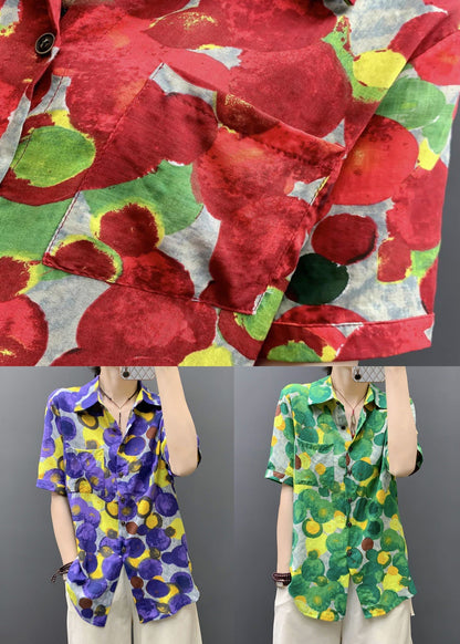 Stylish Red Print Button Pockets Cotton Blouses Short Sleeve Au1041
