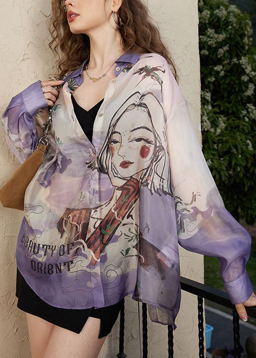 Loose Purple Peter Pan Collar Print Chiffon Blouses Long Sleeve Kk024