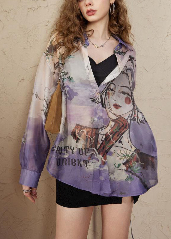 Loose Purple Peter Pan Collar Print Chiffon Blouses Long Sleeve Kk024