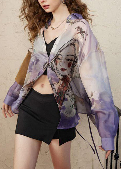 Loose Purple Peter Pan Collar Print Chiffon Blouses Long Sleeve Kk024