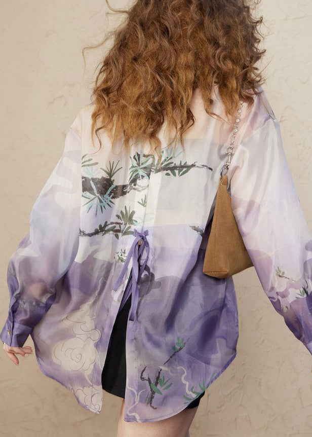 Loose Purple Peter Pan Collar Print Chiffon Blouses Long Sleeve Kk024