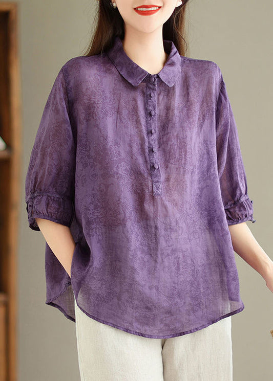 Loose Purple Peter Pan Collar Print Linen Blouses Half Sleeve Gg056