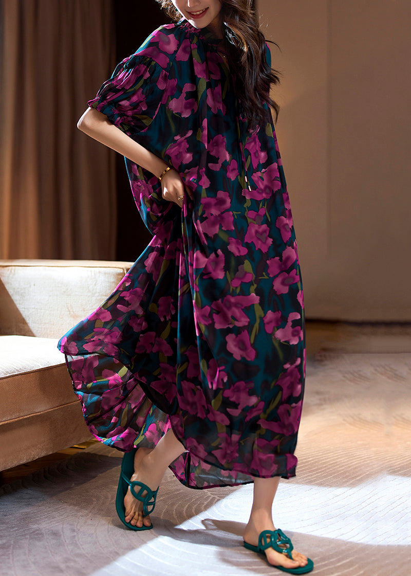 Loose Purple Print Ruffled Lace Up Chiffon Long Dresses Summer Op1088