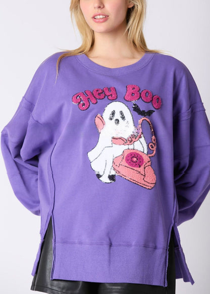 Loose Purple Sequins Side Open Cotton Sweatshirt Long Sleeve Ae1003