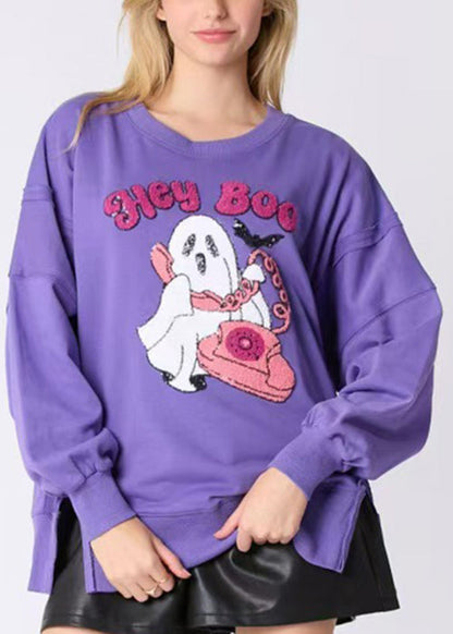 Loose Purple Sequins Side Open Cotton Sweatshirt Long Sleeve Ae1003