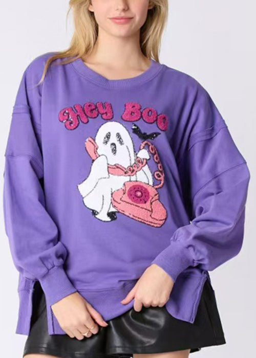 Loose Purple Sequins Side Open Cotton Sweatshirt Long Sleeve Ae1003