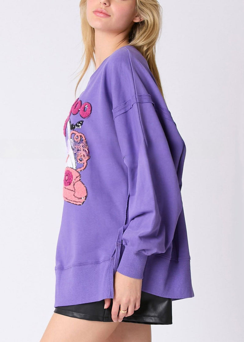 Loose Purple Sequins Side Open Cotton Sweatshirt Long Sleeve Ae1003