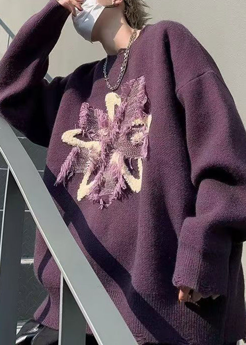 Loose Purple Tasseled Hole Knit Sweater Winter Rc035