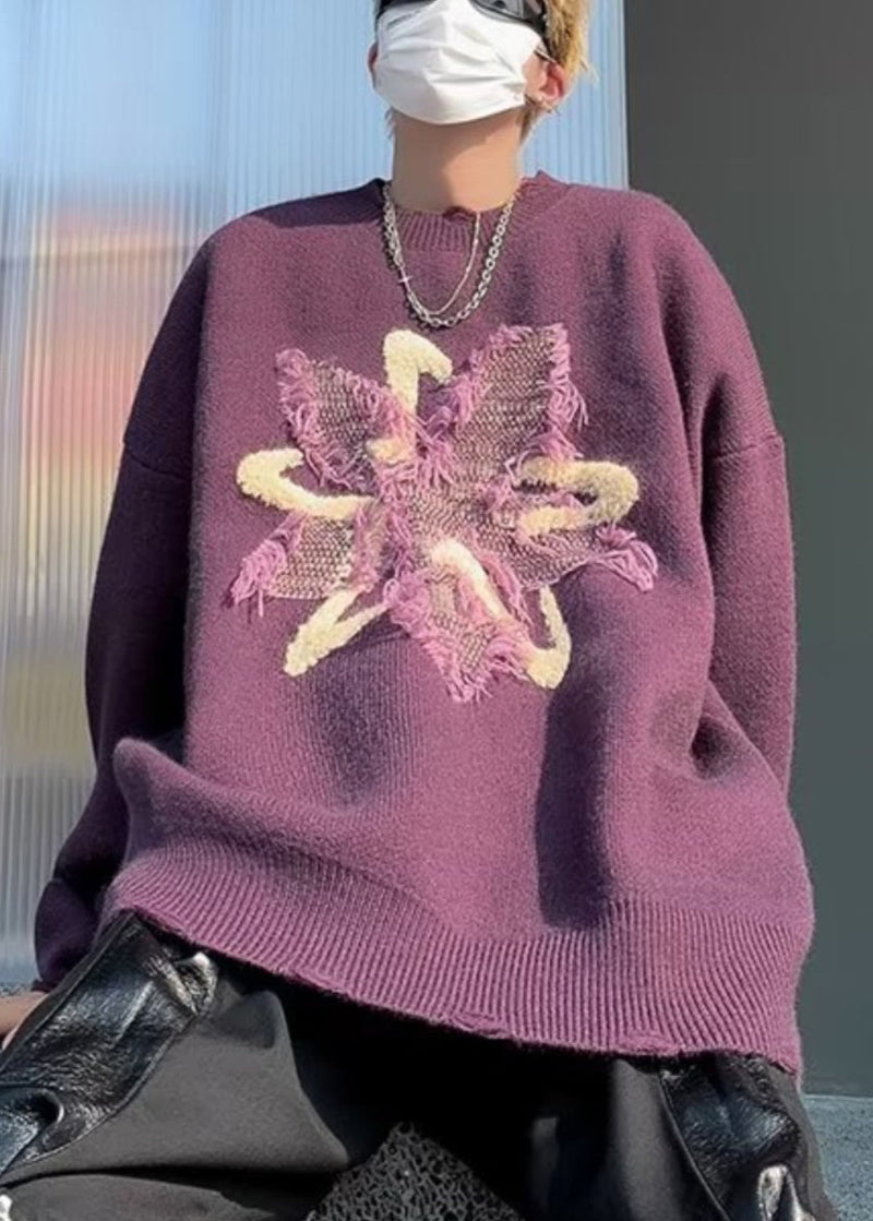 Loose Purple Tasseled Hole Knit Sweater Winter Rc035
