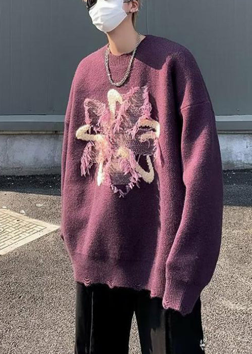 Loose Purple Tasseled Hole Knit Sweater Winter Rc035