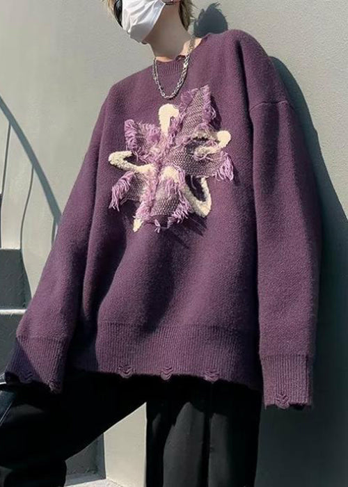 Loose Purple Tasseled Hole Knit Sweater Winter Rc035