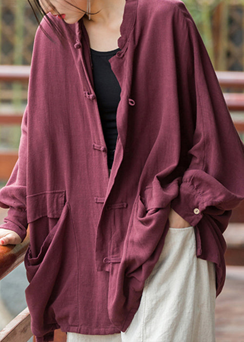 Loose Purplish Red Button Pockets Linen Coat Long Sleeve Qe014