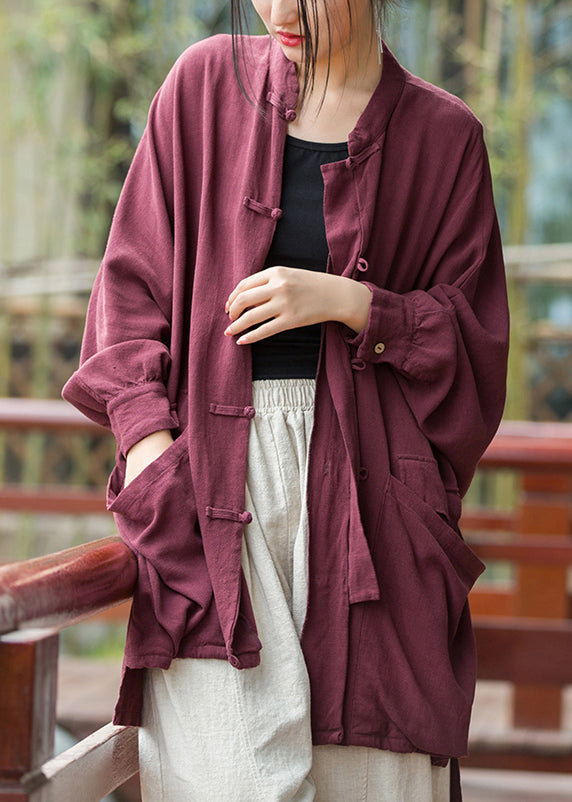 Loose Purplish Red Button Pockets Linen Coat Long Sleeve Qe014