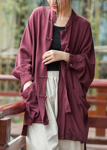 Loose Purplish Red Button Pockets Linen Coat Long Sleeve Qe014
