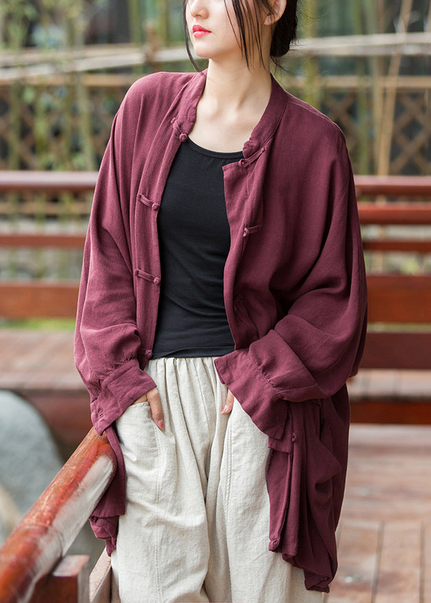 Loose Purplish Red Button Pockets Linen Coat Long Sleeve Qe014