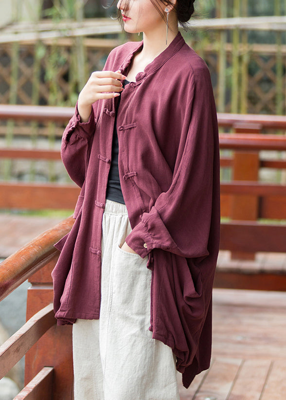 Loose Purplish Red Button Pockets Linen Coat Long Sleeve Qe014