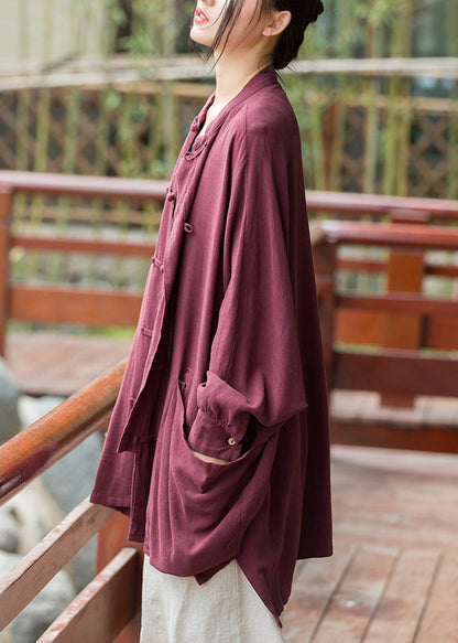 Loose Purplish Red Button Pockets Linen Coat Long Sleeve Qe014
