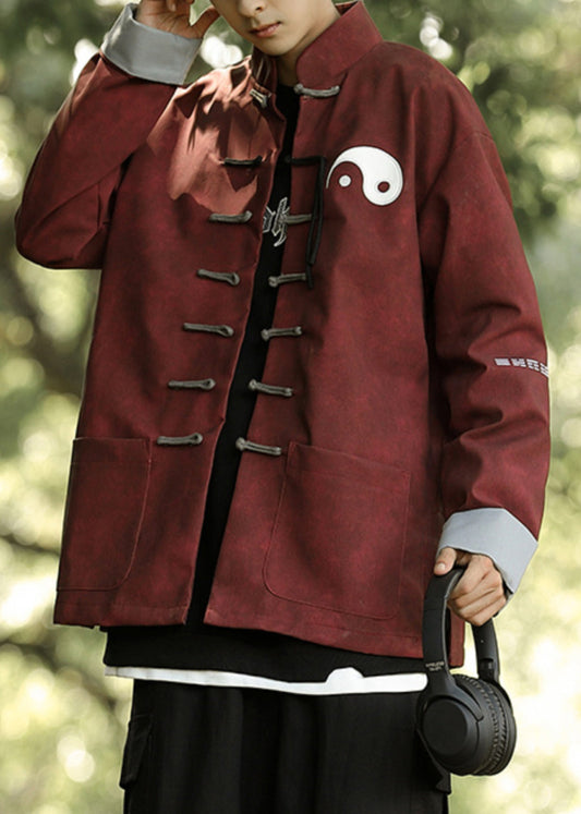 Loose Red Chinese Button Pockets Faux Leather Coats Winter Ro033