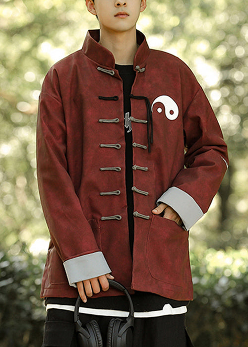 Loose Red Chinese Button Pockets Faux Leather Coats Winter Ro033